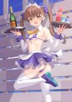  1girl 2022 ahoge aoi_masami bangs bikini blue_skirt breasts brown_eyes brown_hair champagne_bottle cup detached_collar drinking_glass drinking_straw food fruit holding holding_tray looking_at_viewer maid_headdress micro_bikini necktie open_mouth original shoes skirt smile standing standing_on_one_leg swimsuit thighhighs tray twintails watermelon white_thighhighs wine_glass yellow_necktie 