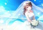  1girl :d bare_arms bare_shoulders blue_sky blush bouquet breasts brown_eyes brown_hair cloud collarbone commentary_request copyright_request day dress flower holding holding_bouquet horizon jewelry kagachi_saku long_hair looking_at_viewer medium_breasts necklace ocean official_art outdoors rose see-through sky smile solo strapless strapless_dress tiara veil water wedding_dress white_dress white_flower white_rose 