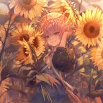  1girl bangs blue_eyes blurry blurry_foreground blush braid breasts crown_braid dress fate/grand_order fate_(series) flower hand_up hat highres holding holding_flower long_hair long_sleeves looking_at_viewer muneomon_(takomon) open_mouth orange_hair puffy_sleeves revision short_hair side_braid small_breasts smile solo sunflower van_gogh_(fate) yellow_flower 