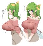  absurdres alternate_costume ase_(nigesapo) bangs bow breasts daiyousei fairy_wings green_eyes green_hair hair_bow hair_ribbon highres large_breasts ribbon short_hair side_ponytail simple_background touhou translation_request white_background wings yellow_bow yellow_ribbon 