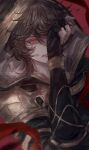  1boy bishounen black_gloves blood brown_hair covering_one_eye fingerless_gloves gloves granblue_fantasy highres hood hoodie male_focus muramitsu_(d3jgv) orange_eyes red_background sandalphon_(granblue_fantasy) serious short_hair simple_background solo upper_body 