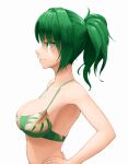  1girl absurdres bangs bare_arms bare_shoulders bikini breasts cleavage closed_mouth collarbone dolphin_wave floral_print from_side green_bikini green_eyes green_hair hair_intakes halterneck hand_on_hip harunami_anri highres kodeyu large_breasts light_smile looking_away medium_hair ponytail print_bikini profile simple_background solo stomach strap_gap swimsuit upper_body white_background 