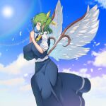  1girl ascot ase_(nigesapo) bangs blue_skirt blue_vest bow breasts collared_shirt daiyousei fairy_wings green_hair hair_bow hair_ribbon large_breasts puffy_short_sleeves puffy_sleeves ribbon shirt short_hair short_sleeves side_ponytail skirt skirt_set solo touhou vest white_shirt wings yellow_ascot yellow_bow yellow_ribbon 