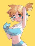  1girl alternate_breast_size alternate_costume arm_behind_head armpits bangs blush breasts cleavage commentary cosplay drunkoak eyelashes fang green_eyes hand_up looking_at_viewer medium_breasts misty_(pokemon) navel open_mouth orange_hair pokemon shiny shiny_skin short_hair side_ponytail simple_background solo sweatdrop tongue vaporeon vaporeon_(cosplay) yellow_background 