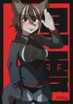  2022 4_fingers anthro ayabemiso black_clothing black_underwear blush breasts brown_body brown_fur brown_hair canid clothing female fingers fur hair hi_res hoodie japanese_text looking_at_viewer mammal open_mouth red_eyes simple_background smile solo text topwear underwear zipper_down 