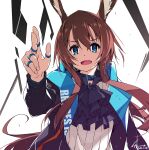  1girl amiya_(arknights) animal_ears arknights ascot bangs black_ascot black_jacket blue_eyes brown_hair frilled_ascot frills hair_between_eyes highres hood hooded_jacket jacket jewelry long_hair long_sleeves looking_at_viewer multiple_rings neck_ring open_clothes open_jacket open_mouth rabbit_ears ring shikei solo thumb_ring upper_body 