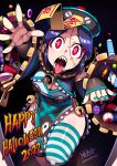  1girl bell black_background breasts candy chinese_clothes cleavage_cutout clothing_cutout commentary_request doorway english_text eyeball food halloween happy_halloween hat hat_ornament highres jiangshi jiangshi_costume looking_at_viewer nail_polish ofuda open_mouth original outstretched_arms pov_doorway qing_guanmao ryuusei_(mark_ii) sharp_teeth short_hair signature single_thighhigh skindentation solo stitched_face stitches striped striped_thighhighs talisman tangzhuang teeth thighhighs tongue tongue_out undead wide_sleeves yin_yang zipper zombie zombie_pose 