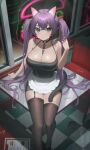  1girl absurdres animal_ears apron bangs bare_arms bare_shoulders between_breasts black_thighhighs blush breasts cat_ears cat_tail cleavage closed_mouth collarbone crossed_bangs food french_fries garter_straps hand_up highres indoors large_breasts long_hair looking_at_viewer original purple_eyes purple_hair sitting table tail thighhighs thighs twintails vziu white_apron 