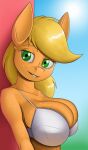  anthro anthrofied applejack_(mlp) big_breasts blonde_hair breasts cleavage clothed clothing creatiffy equid equine female freckles friendship_is_magic hair hasbro hi_res mammal my_little_pony orange_body solo 