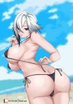  1girl absurdres amai-pai areola_slip arlecchino_(genshin_impact) armpits ass bangs bare_shoulders bikini black_eyes black_hair blurry blurry_background breasts butt_crack cloud genshin_impact grey_hair hair_between_eyes highres large_breasts looking_at_viewer micro_bikini multicolored_hair parted_lips patreon_username red_pupils short_hair side-tie_bikini_bottom sky solo strap_pull streaked_hair swimsuit symbol-shaped_pupils thigh_gap thighs two-tone_hair white_hair x-shaped_pupils 