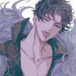  1boy belial_(granblue_fantasy) bishounen black_hair black_jacket collarbone fangs fur_collar granblue_fantasy hair_over_eyes highres jacket looking_at_viewer male_focus muramitsu_(d3jgv) open_clothes open_mouth red_eyes short_hair simple_background solo tongue tongue_out upper_body white_background 