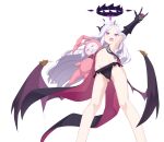  1girl absurdres armpits ass_visible_through_thighs bare_legs bikini black_bikini black_gloves blue_archive cosplay demon_wings fangs flat_chest gloves grey_hair halo highres hina_(blue_archive) legs_apart long_hair open_mouth perspective purple_eyes revealing_clothes ribbonsnek sekai_seifuku:_bouryaku_no_zvezda simple_background solo standing stomach stuffed_animal stuffed_bunny stuffed_toy swimsuit venera-sama venera-sama_(cosplay) very_long_hair white_background wings 