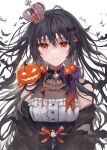  1girl bare_shoulders bat_(animal) bat_wings black_hair bow closed_mouth crown frills hair_bow hair_ornament hairclip halloween long_hair looking_at_viewer mini_crown original pumpkin shiromine_kana simple_background smile white_background wings 