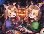  2girls animal_ears animal_hands blonde_hair blue_capelet blue_hair blush buttons capelet gloves green_capelet grey_gloves halloween halloween_costume highres jack-o&#039;-lantern janus_(kancolle) jervis_(kancolle) kantai_collection long_hair multiple_girls one_eye_closed open_mouth paw_gloves sabakuomoto short_hair smile wolf_ears wolf_paws 