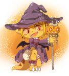  2018 adult_(lore) anthro bamfear blonde_hair blush bow_ribbon brown_body claws clothing doneru dress fangs female frilly frilly_clothing frilly_dress hair halloween halloween_costume hat headgear headwear holidays jack-o&#039;-lantern kneeling looking_aside navel simple_background smile solo staff tany_(doneru) upskirt wings witch_costume witch_hat young 