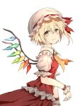  absurdres ascot beret blonde_hair bow closed_mouth cowboy_shot flandre_scarlet frilled_cuffs gem hair_bow hat highres looking_at_viewer orange_ascot orange_eyes puffy_short_sleeves puffy_sleeves red_bow red_shirt red_skirt shimoda_masaya shirt short_hair short_sleeves simple_background skirt smile standing touhou white_background white_headwear white_sleeves 