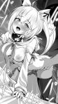  1boy 1girl :d ahoge animal_ear_fluff animal_ears ass bed_sheet bent_over bottomless braid breast_grab breasts condom condom_wrapper doggystyle dutch_angle emphasis_lines fox_ears fox_girl fox_tail grabbing greyscale hetero hololive mcp150_plus medium_breasts monochrome motion_lines nipples no_bra noss_(rariatto) open_mouth sex sex_from_behind sheet_grab shirakami_fubuki side_braid single_thighhigh skindentation smile solo_focus standing standing_sex tail thigh_strap thighhighs torso_grab virtual_youtuber 