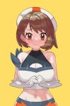  1girl alternate_breast_size alternate_costume bangs beret blush bob_cut breasts brown_eyes brown_hair cinderace cinderace_(cosplay) cleavage_cutout closed_mouth clothing_cutout commentary cosplay drunkoak gloria_(pokemon) gloves hat large_breasts looking_at_viewer navel own_hands_together pokemon pokemon_(game) pokemon_swsh short_hair simple_background sleeveless solo sweatdrop white_gloves white_headwear 