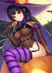  1girl abeen_jhong absurdres bat_(animal) black_hair bow breasts brown_gloves brown_leotard candy cleavage closed_mouth cloud covered_navel dutch_angle elbow_gloves floating_hair food full_moon gloves halloween hat highres holding holding_food jack-o&#039;-lantern large_breasts leotard lollipop long_hair looking_at_viewer moon night night_sky o-ring original pumpkin purple_thighhighs red_bow red_eyes sitting sky smile solo striped striped_thighhighs thighhighs thighs witch_hat 