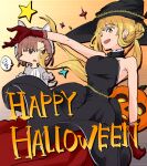  2girls ;d absurdres alternate_hairstyle animal_costume armpit_crease asymmetrical_bangs bangs black_dress black_headwear blonde_hair breasts brown_eyes brown_hair cosplay dress earrings gloves hair_bun halloween_costume happy_halloween hat highres jewelry large_breasts long_hair looking_at_another misaka_mikoto multiple_girls one_eye_closed open_mouth outstretched_arm pumpkin red_gloves shokuhou_misaki short_hair simple_background sleeveless sleeveless_dress smile speech_bubble star-shaped_pupils star_(symbol) swirl symbol-shaped_pupils toaru_kagaku_no_railgun toaru_majutsu_no_index valtor witch witch_hat wolf_costume yellow_eyes 