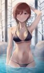  1girl absurdres aketa_mikoto arm_at_side arm_up armpits bangs bare_arms bare_shoulders bare_tree bikini black_bikini blonde_hair blue_eyes blurry blurry_background blush breasts brown_eyes brown_hair collarbone commentary cowboy_shot gradient_hair groin hair_between_eyes hair_over_eyes halterneck hand_on_own_head highres idolmaster idolmaster_shiny_colors iwashita_kirito long_hair looking_at_viewer medium_breasts multicolored_eyes multicolored_hair navel onsen outdoors parted_lips smile snow solo standing steam stomach stone string_bikini swimsuit tree two-tone_hair wading water water_drop wet winter 