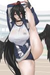  absurdres black_choker black_gloves black_hair black_wings blue_archive breasts buruma choker feathered_wings gloves gym_shirt gym_uniform halo hasumi_(blue_archive) hasumi_(gym_uniform)_(blue_archive) highres jacket large_breasts large_wings leg_hold long_hair low_wings mole mole_under_eye official_alternate_costume partially_unzipped phantasmaliagon ponytail red_eyes shirt split sportswear standing standing_on_one_leg standing_split tongue tongue_out track_jacket wet wet_clothes wet_shirt white_shirt wings 
