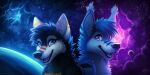  2018 2:1 anthro black_body black_fur black_hair blue_body blue_eyes blue_fur blue_hair canid cheek_tuft cosmic_background dated duo facial_tuft fangs female fur glistening glistening_eyes hair happy looking_at_viewer male mammal multicolored_body multicolored_fur mylafox nebula neck_tuft nude open_mouth open_smile orange_body orange_fur pink_tongue planet purple_eyes short_hair smile space space_background text tongue tuft url white_body white_fur 