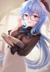  1girl adjusting_eyewear ahoge amaneko_(amaneko_y) bangs black_bow black_shirt blue_hair bow breasts frilled_shirt frilled_sleeves frills ganyu_(genshin_impact) genshin_impact glasses high-waist_skirt highres holding holding_paper horns indoors long_hair long_sleeves looking_at_viewer medium_breasts official_alternate_costume open_mouth paper purple_eyes red-framed_eyewear semi-rimless_eyewear shirt shirt_tucked_in sidelocks signature skirt smile solo turtleneck white_skirt window 