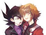  2boys aoki_(fumomo) bangs black_coat black_hair black_shirt blush brown_eyes coat duel_academy_uniform_(yu-gi-oh!_gx) grey_eyes hair-to-hair hair_between_eyes heads_together highres jacket long_sleeves looking_at_another male_focus manjoume_jun multicolored_hair multiple_boys open_clothes painterly red_jacket shirt short_hair smile spiked_hair two-tone_hair upper_body yu-gi-oh! yu-gi-oh!_gx yuuki_juudai 