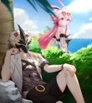  absurdres animal_ears bikini fox_ears hamilundenongdizhe highres kalpas_(honkai_impact) long_hair long_sleeves mask ocean pink_hair searching short_hair sleeping sunglasses swimsuit white_hair yae_sakura yae_sakura_(goushinnso_memento) 