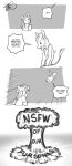  4_panel_comic anthro asinus bulging_eyes clothing cloud dialogue dialogue_box domestic_cat donkey dot_eyes duo ears_back english_text equid equine felid feline felis female freckles_(artist) greyscale humor male male/female mammal monochrome mushroom_cloud nuke open_mouth open_smile pivoted_ears shirt smile tail_tuft tank_top text topwear tuft wide_eyed 