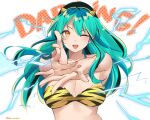  1girl ;d bandeau bangs bare_shoulders breasts commentary_request electricity green_hair highres horns large_breasts long_hair lum midriff one_eye_closed open_mouth pinnn simple_background smile solo tiger_stripes upper_body urusei_yatsura white_background yellow_eyes 