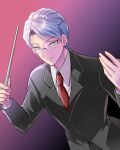  1boy absurdres baton_(conducting) black_suit blue_eyes formal glasses gradient gradient_background grey_hair hands_up highres himuro_reiichi long_sleeves male_focus necktie purple_background rakkokun_tondoru red_necktie short_hair simple_background smile standing suit teacher tokimeki_memorial tokimeki_memorial_girl&#039;s_side 