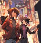  2boys aoki_(fumomo) bangs belt black_coat black_hair black_shirt brown_eyes cityscape coat contemporary denim duel_academy_uniform_(yu-gi-oh!_gx) feet_out_of_frame from_below grey_eyes hair_between_eyes highres jacket jeans key long_sleeves looking_at_another male_focus manjoume_jun multicolored_hair multiple_boys open_clothes pants red_jacket shirt short_hair smile spiked_hair talking two-tone_hair walking yu-gi-oh! yu-gi-oh!_gx yuuki_juudai 