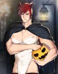  1boy abs animal_ears bara biceps blurry blurry_background candy cape covered_nipples food halloween halloween_costume lamp large_pectorals league_of_legends light_particles looking_at_viewer male_focus manly mature_male mobxsett muscular muscular_male outdoors pectorals pumpkin red_eyes red_hair scar scar_on_face sett_(league_of_legends) short_hair solo spiked_hair stomach_tattoo tattoo tight 