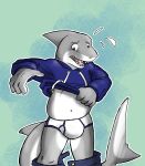  anthro assisted_exposure blue_briefs blue_clothing blue_eyes blue_seam_briefs blue_seam_underwear blue_underwear bodily_fluids bottomwear briefs bulge clothing colored_seam_underwear darkchaos embarrassed fish grabbing_clothing green_background grey_body grey_scales male marine navel open_mouth pants scales shark sharp_teeth simple_background solo sweat teeth teeth_showing underwear vir-no-vigoratus white_body white_scales 