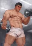  1boy abs absurdres arm_hair bara biceps black_hair blush bulge closed_mouth clothes_writing dark-skinned_male dark_skin dumbbell exercise frown hairy highres hiroki_bzdsk large_pectorals leg_hair male_focus muscular muscular_male navel navel_hair nipples original pectorals runny_nose short_hair short_shorts shorts snot solo steaming_body stomach sweat sweatdrop tan thick_eyebrows thick_thighs thighs topless_male triceps undercut weightlifting wet wet_shorts white_shorts 