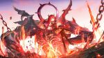  absurdres arknights demon_girl demon_horns fire giant highres holding holding_weapon horns long_hair molten_rock purple_eyes red_hair surtr_(arknights) sword weapon 