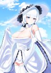  1girl absurdres aonouta azur_lane bare_shoulders blue_eyes blue_gemstone blue_sky breasts cleavage clothes_lift cloud cloudy_sky cowboy_shot detached_collar dress dress_lift elbow_gloves english_commentary gem gloves hat highres illustrious_(azur_lane) lace-trimmed_dress lace-trimmed_headwear lace_trim large_breasts long_dress looking_at_viewer sky solo standing strapless strapless_dress sun_hat thighhighs tri_tails white_dress white_gloves white_hair white_headwear white_thighhighs 
