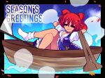  1girl :d bangs black_background boat breasts cleavage closed_eyes crossed_legs dated english_commentary english_text full_body ghost hair_bobbles hair_ornament highres large_breasts lying on_back onozuka_komachi open_mouth outdoors paddle red_hair rhythm_pagi scythe signature smile socks solo touhou two_side_up watercraft white_socks 