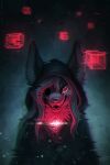  2018 abstract_background anthro black_clothing black_hood black_topwear blood blood_from_eye bodily_fluids bust_portrait chest_tuft clothed clothing dated distortion female front_view fur glistening glistening_eyes glowing grey_body grey_fur grey_hair grin hair hi_res missing_eye mylafox portrait red_eyes smile solo text topwear tuft url 