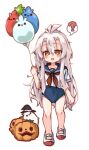  1girl ? balloon bangs black_headwear blue_one-piece_swimsuit blue_sailor_collar blush brown_eyes covered_navel full_body ghost grey_hair hair_between_eyes hat holding holding_balloon jack-o&#039;-lantern long_hair looking_at_viewer neckerchief one-piece_swimsuit open_mouth original red_neckerchief sailor_collar school_uniform serafuku shirt shoes short_sleeves simple_background solo spoken_question_mark standing swimsuit swimsuit_under_clothes uwabaki very_long_hair wacho_(nanto_wachou_ken) white_background white_footwear white_shirt witch_hat 