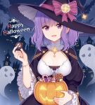  1girl :d black_dress black_headwear bow breasts candy candy_cane candy_wrapper cleavage cloud cloudy_sky commentary_request copyright_request dress food ghost glowing halloween halloween_bucket hand_up happy_halloween hat hat_bow hitsuki_rei holding holding_food jack-o&#039;-lantern juliet_sleeves lollipop long_sleeves looking_at_viewer medium_breasts night night_sky outdoors pink_bow puffy_sleeves purple_eyes purple_hair sky smile solo striped striped_bow swirl_lollipop tilted_headwear virtual_youtuber wide_sleeves witch_hat 