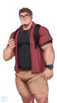  1boy absurdres backpack bag bara blush brown_hair brown_shorts closed_mouth facial_hair glasses goatee highres hiroki_bzdsk large_pectorals male_focus muscular muscular_male open_clothes open_shirt original pectorals red_shirt shirt short_hair shorts smile solo t-shirt watch wristwatch 