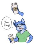  anthro beverage blue_body blue_fur canid canine cheek_tuft clothing coffee coffee_cup container cup dialogue dialogue_box english_text facial_tuft fangs female fox freckles_(artist) fur half-closed_eyes humor krystal mammal misspelling narrowed_eyes nintendo open_mouth shirt simple_background solo star_fox starbucks t-shirt text topwear tuft video_games white_background 