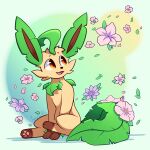  ambiguous_gender colored eeveelution fairylove777 feral flower fur generation_4_pokemon gradient_background hi_res leafeon looking_away nintendo open_mouth open_smile plant pokemon pokemon_(species) shaded signature simple_background sitting smile solo video_games 