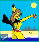  anthro beach belt biped breasts brown_hair butt city city_background digital_drawing_(artwork) digital_media_(artwork) female fur generation_2_pokemon genitals hair nintendo nude pichu pokeball pokemon pokemon_(species) pokemorph purple_eyes pussy reddragonkan sea seaside smile solo tattoo video_games water yellow_body yellow_fur 