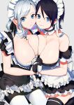  2girls arm_strap asymmetrical_docking bangs black_choker black_dress black_gloves black_hair black_thighhighs breast_press breasts cheek-to-cheek choker cleavage collarbone commentary cross detached_collar dress expressionless gloves grey_hair head_tilt heads_together huge_breasts looking_at_viewer maid maid_headdress mashiro_(rikuya) medium_hair multiple_girls original pantyhose smile symbol-only_commentary thighhighs white_gloves white_pantyhose 