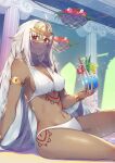  1girl ahoge alcohol armlet bikini bracelet breasts column commentary_request cup dark-skinned_female dark_skin drinking_straw fate/grand_order fate_(series) hair_ornament highres holding holding_cup jewelry lakshmibai_(fate) long_hair looking_at_viewer midriff mouth_veil nakaga_eri navel pillar red_eyes see-through sitting solo stomach swimsuit thighs veil very_long_hair white_bikini white_hair 