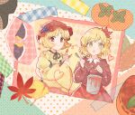  2girls aki_minoriko aki_shizuha apron blonde_hair blush bucket closed_mouth food food-themed_hat_ornament fruit fruit_hat_ornament ginkgo_leaf grape_hat_ornament grapes hat hat_ornament heart highres holding holding_bucket holding_paintbrush itomugi-kun leaf leaf_on_head long_sleeves maple_leaf mob_cap multiple_girls open_mouth paint paintbrush red_apron red_eyes red_headwear red_shirt red_skirt shirt short_hair siblings sisters skirt smile touhou wide_sleeves yellow_eyes yellow_shirt 